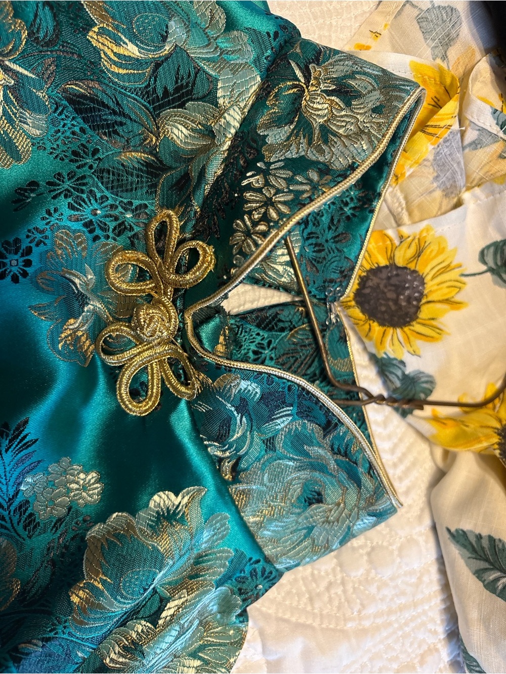 Handmade Teal Brocade Cheongsam Dress | Size 6 | 52” L | Mandarin Collar Formal - Picture 9 of 9
